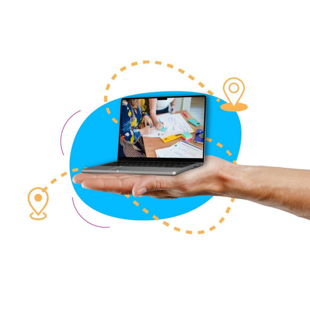 A hand holds a laptop displaying a collaborative workspace with papers and sticky notes. A dotted path with location pins surrounds the device, suggesting remote collaboration, digital services, and connected experiences across different locations.