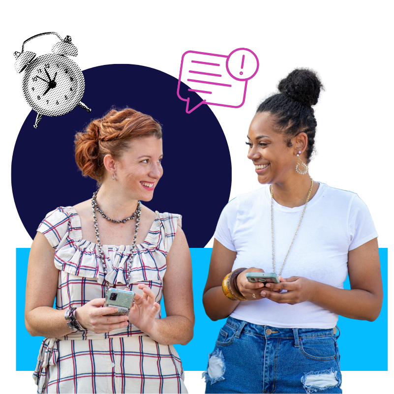 Two women smile at each other while holding smartphones, with colorful abstract shapes