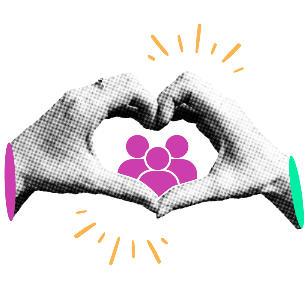 Illustration of two hands forming a heart shape around a group of people icon, with decorative accent lines highlighting the center. The graphic represents community, belonging, shared values, and people-first relationships.
