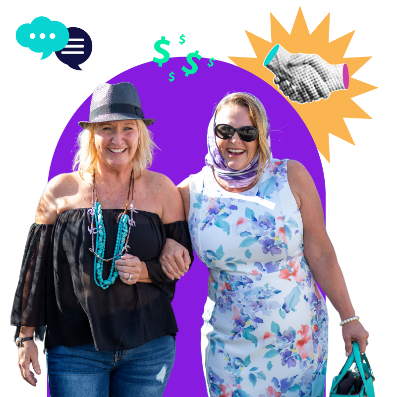 Two women walk arm in arm, smiling, with colorful abstract graphics, conversation icons, dollar symbols, and a handshake symbol surrounding them. The illustration represents trusted relationships, networking, collaboration, and growing business through meaningful personal connections.