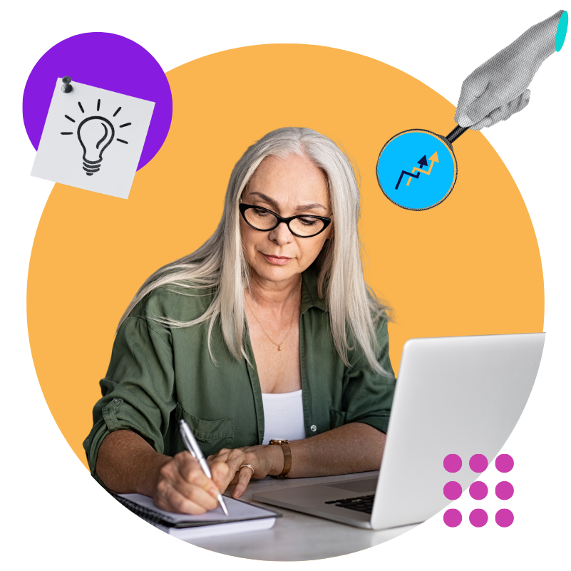 A woman business owner writes notes beside a laptop while colorful graphics, a lightbulb sketch, and a magnifying glass highlighting an upward-trending chart surround the scene. The illustration represents strategic planning, idea development, research, and identifying opportunities for business growth.