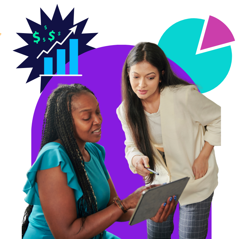 Two women review information on a tablet together while colorful charts and abstract graphics appear in the background. The illustration represents collaborative decision-making, analyzing business performance, and using data to drive growth.