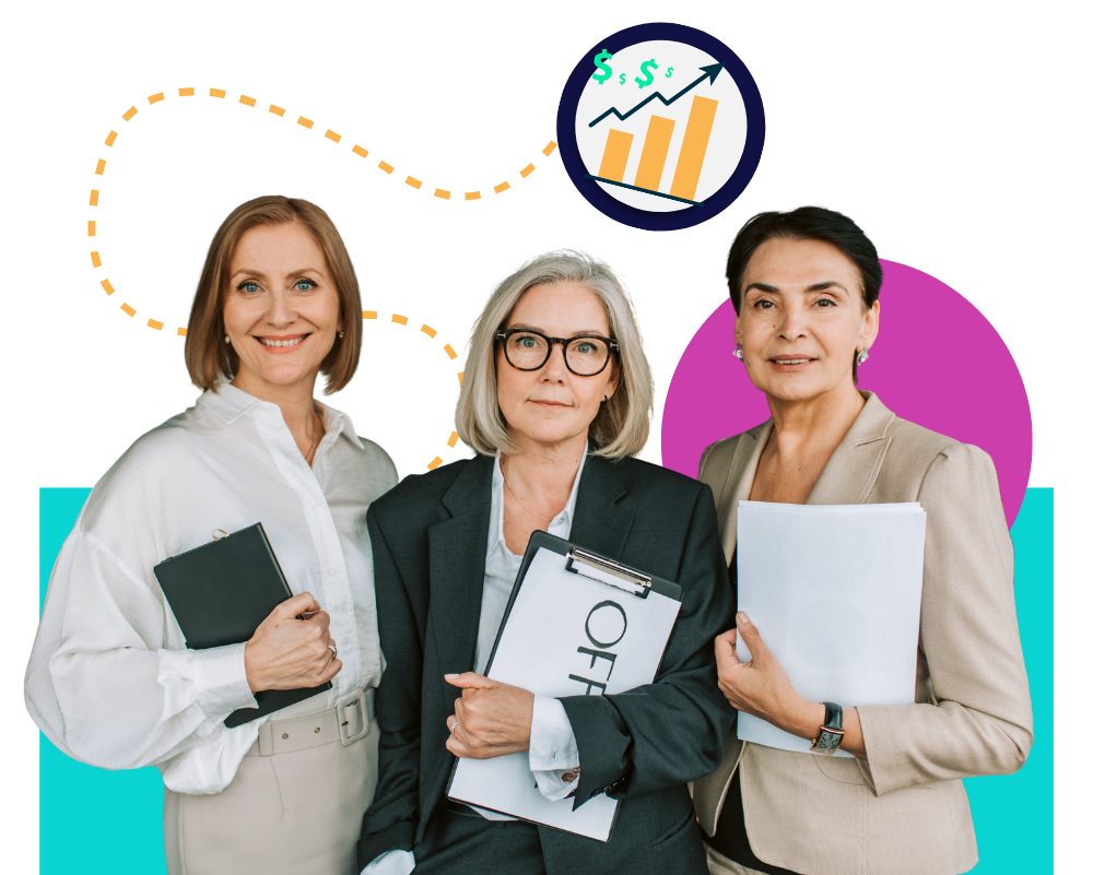Three women business owners stand together holding notebooks and documents, with an upward-trending growth chart and colorful abstract graphics in the background. The illustration represents leadership, strategic collaboration, and achieving business growth through shared expertise.