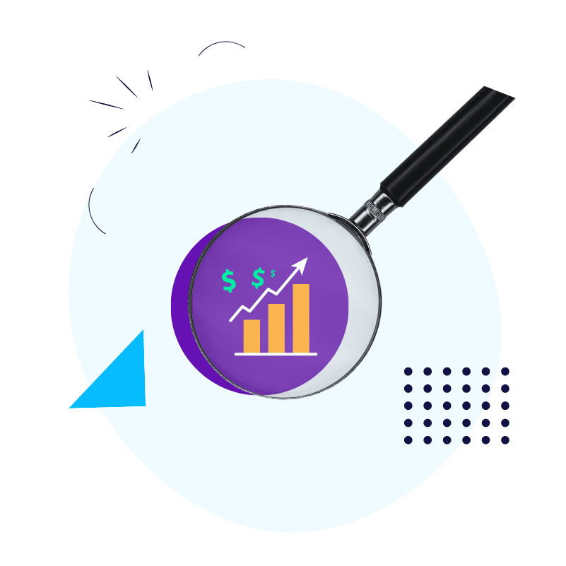 Illustration of a magnifying glass highlighting an upward-trending bar chart with dollar symbols, surrounded by simple geometric accents. The graphic represents evaluating business performance, identifying growth opportunities, and making data-informed decisions.