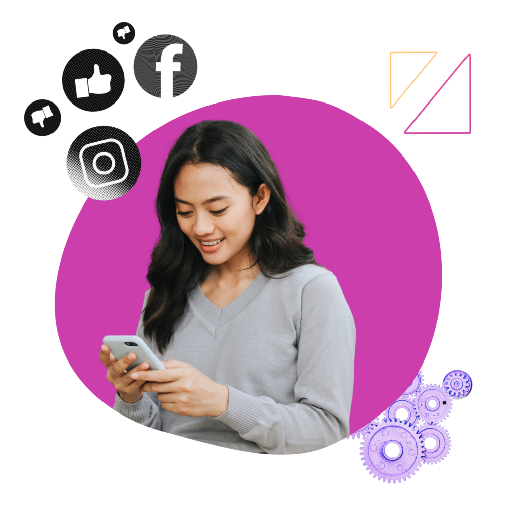 Illustration of a person smiling while using a smartphone, surrounded by social media icons and connected with gears representing strategy and systems. The graphic symbolizes thoughtful, values-driven social media marketing supported by sustainable business processes.