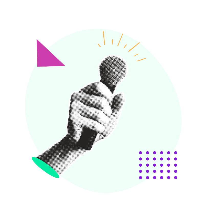 Illustration of a hand holding a microphone, symbolizing amplifying voices, thought leadership, public speaking, storytelling, and giving people a platform to share their perspectives. Minimal geometric accents reinforce communication and visibility.