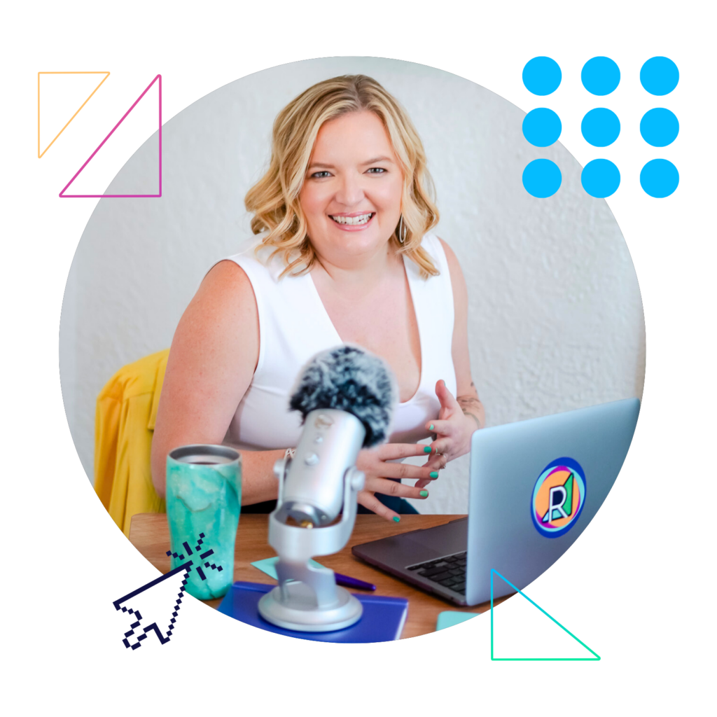 a smiling Renia Carsillo sitting at a desk, ready to record her Small Stage, Big Impact podcast