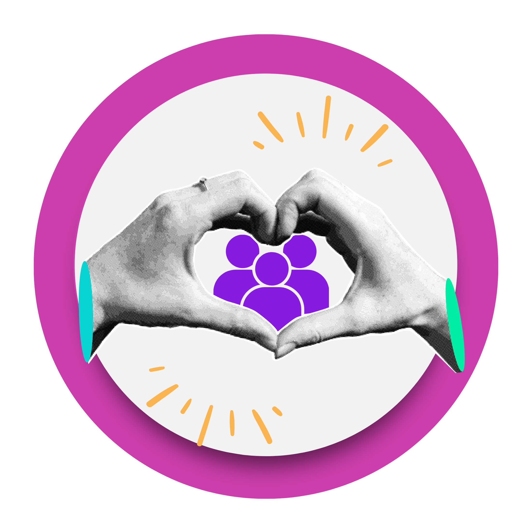 Two black-and-white hands forming a heart shape around a pink group icon, with yellow accent lines inside a teal speech bubble.
